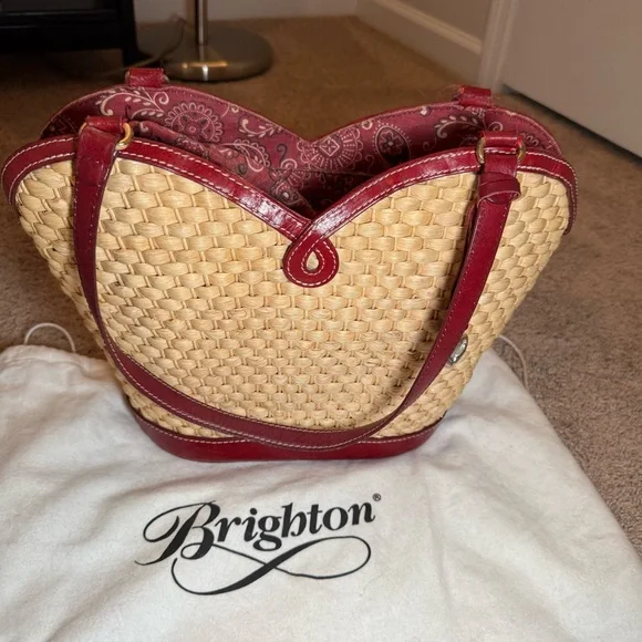 VTG Brighton Marilyn Basket Weave Red Bandana Drawstring Heart Handbag - Picture 3 of 12